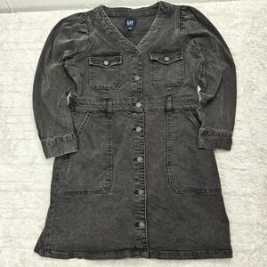 Gap‎ Womens 12P Black Denim Dress Western Button Long Sleeve Grunge Downtown Alt
